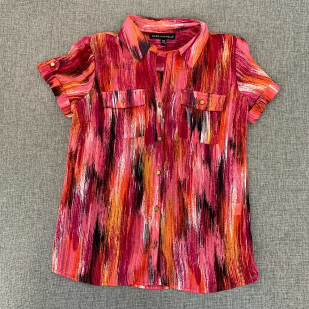 Sara Michelle Button Down Blouse Petite Small Red Pink‎ Collared Top Pockets